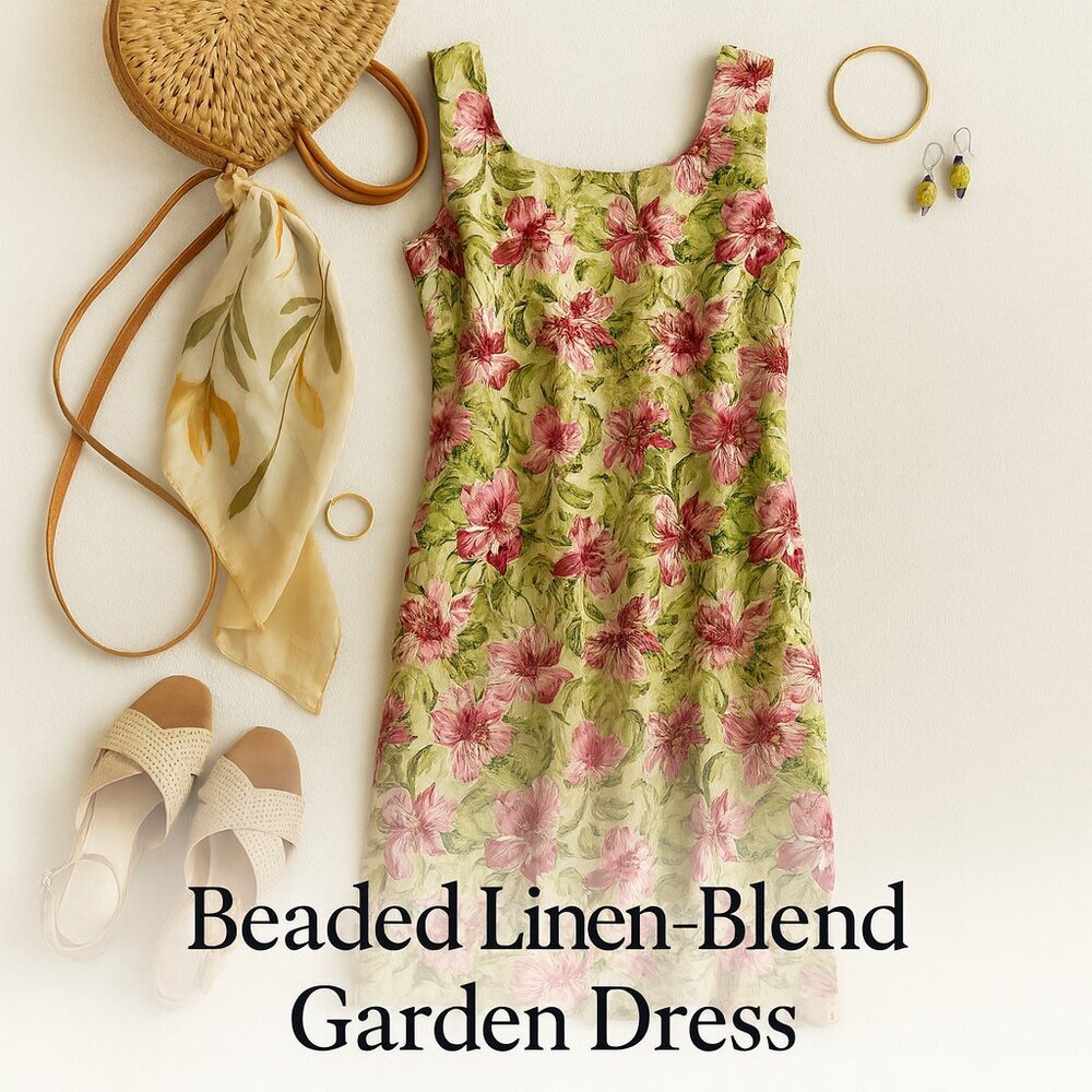 Coldwater Creek Floral Linen Blend Beaded Sleeveless Shift Dress Petite 10 - Picture 16 of 16